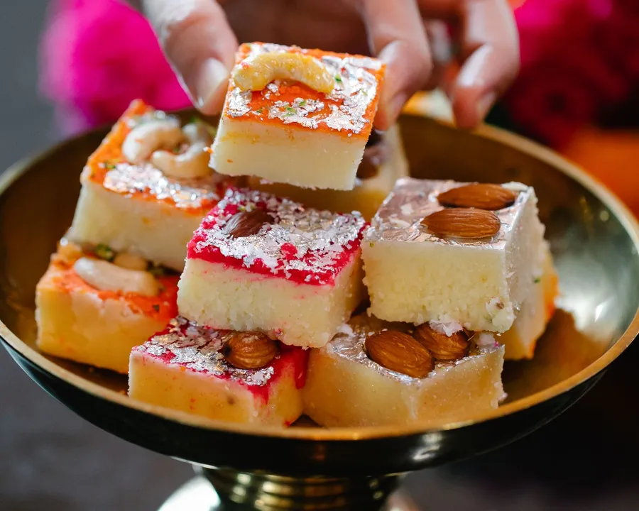 Almond barfi cut into squares